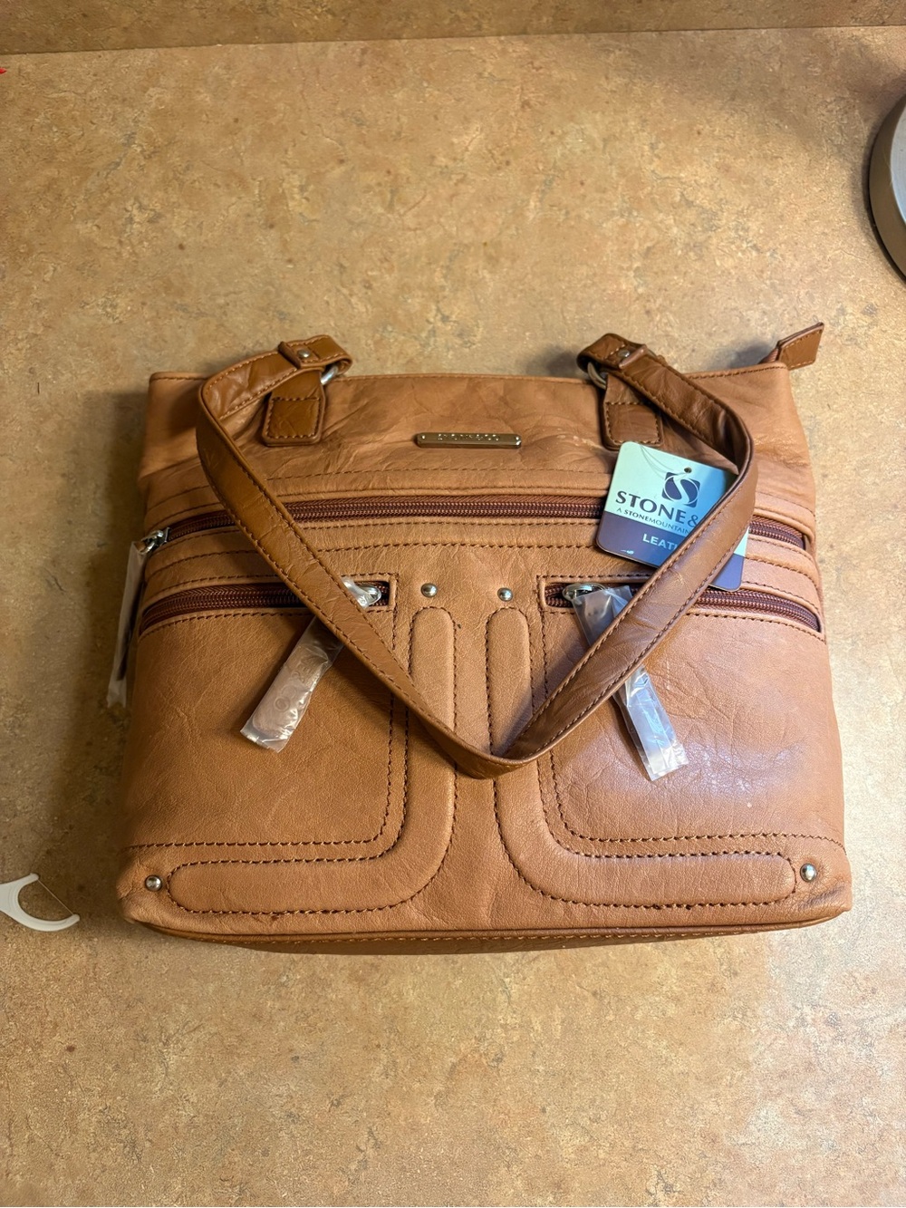 Stone & Co. Tan Shoulder Bag with Double Zip Front Pockets -mild damage